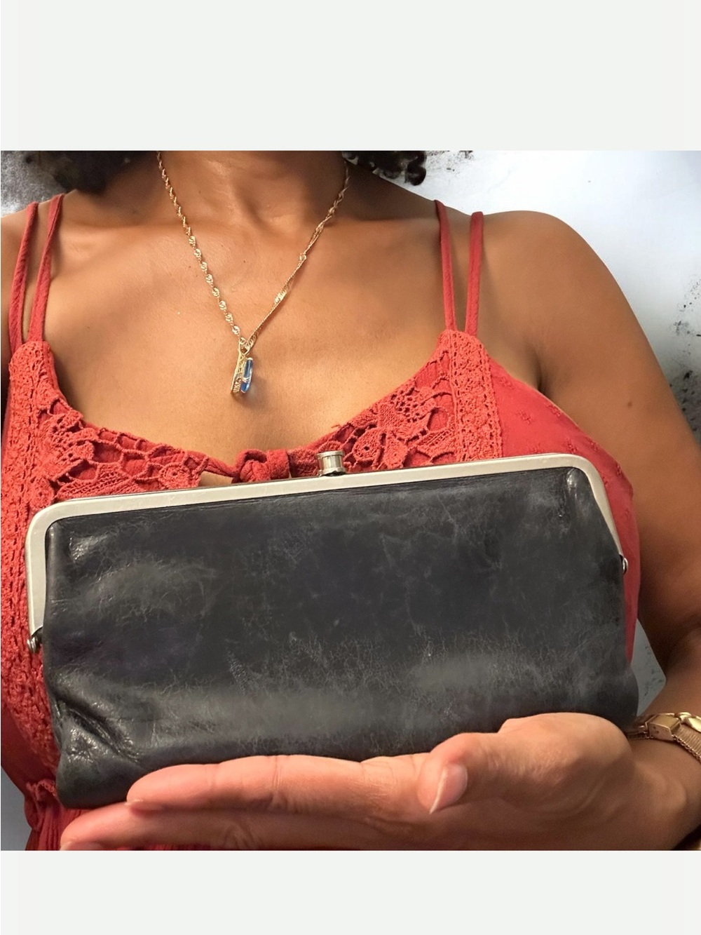 HOBO Black Leather Frame Clutch with Silver Hardware